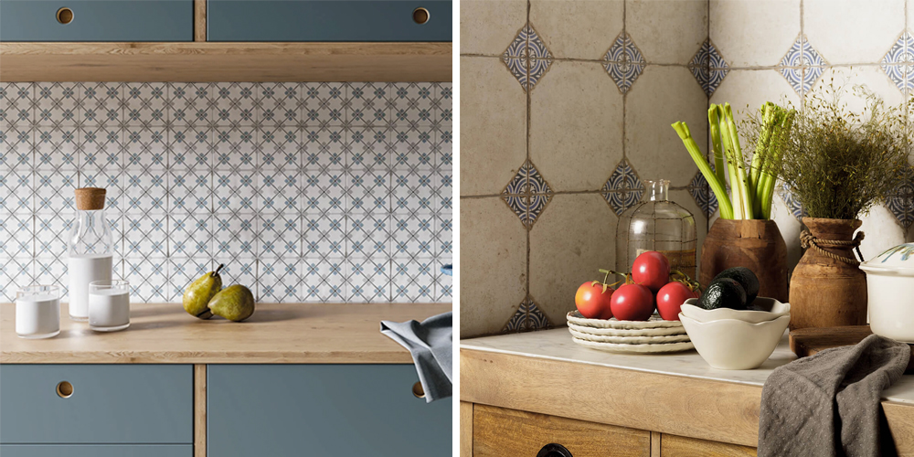 (Left) Wentworth lattice patterned wall tiles, (Right) Porto vintage blue patterned wall tiles